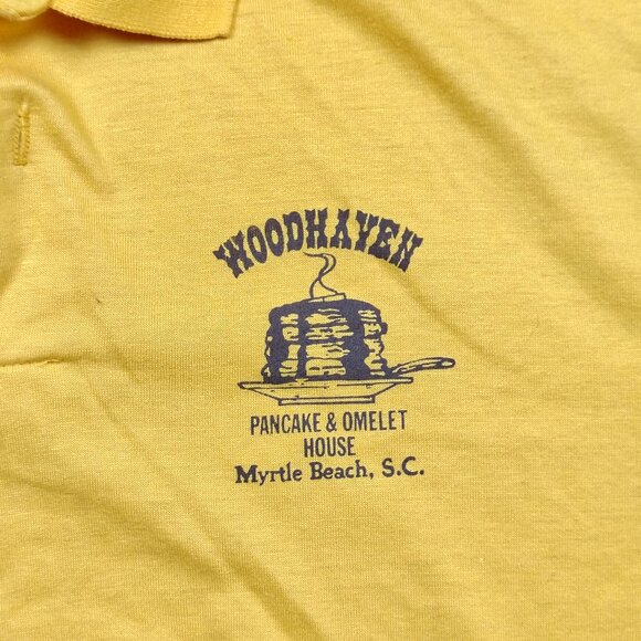 Vintage DINER Polo Men XL Yellow WOODHAVEN PANCAKE OMELETT HOUSE Myrtle Beach SC - Picture 2 of 8